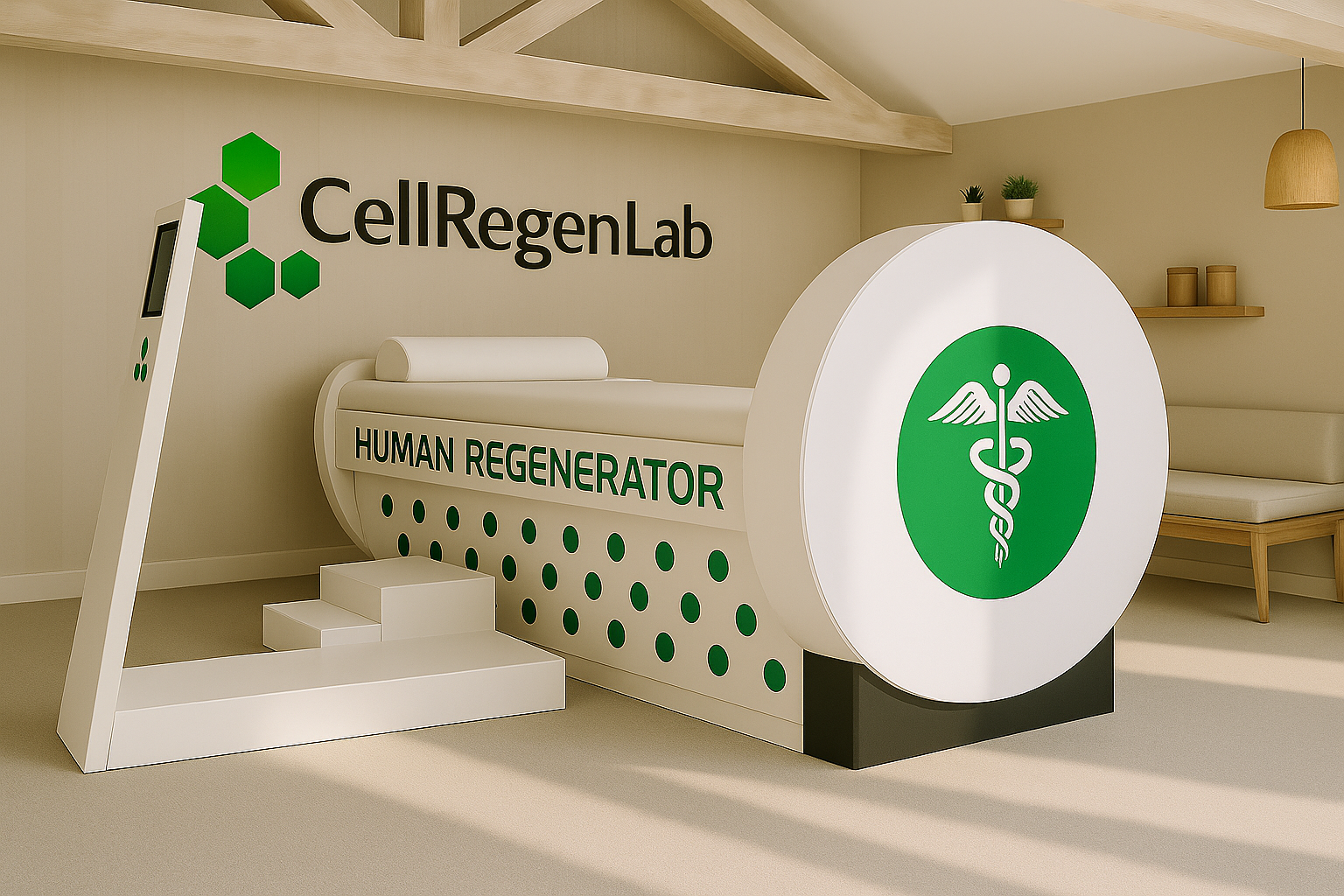 Human Regenerator machine with CellRegenLab branding in a room setting.