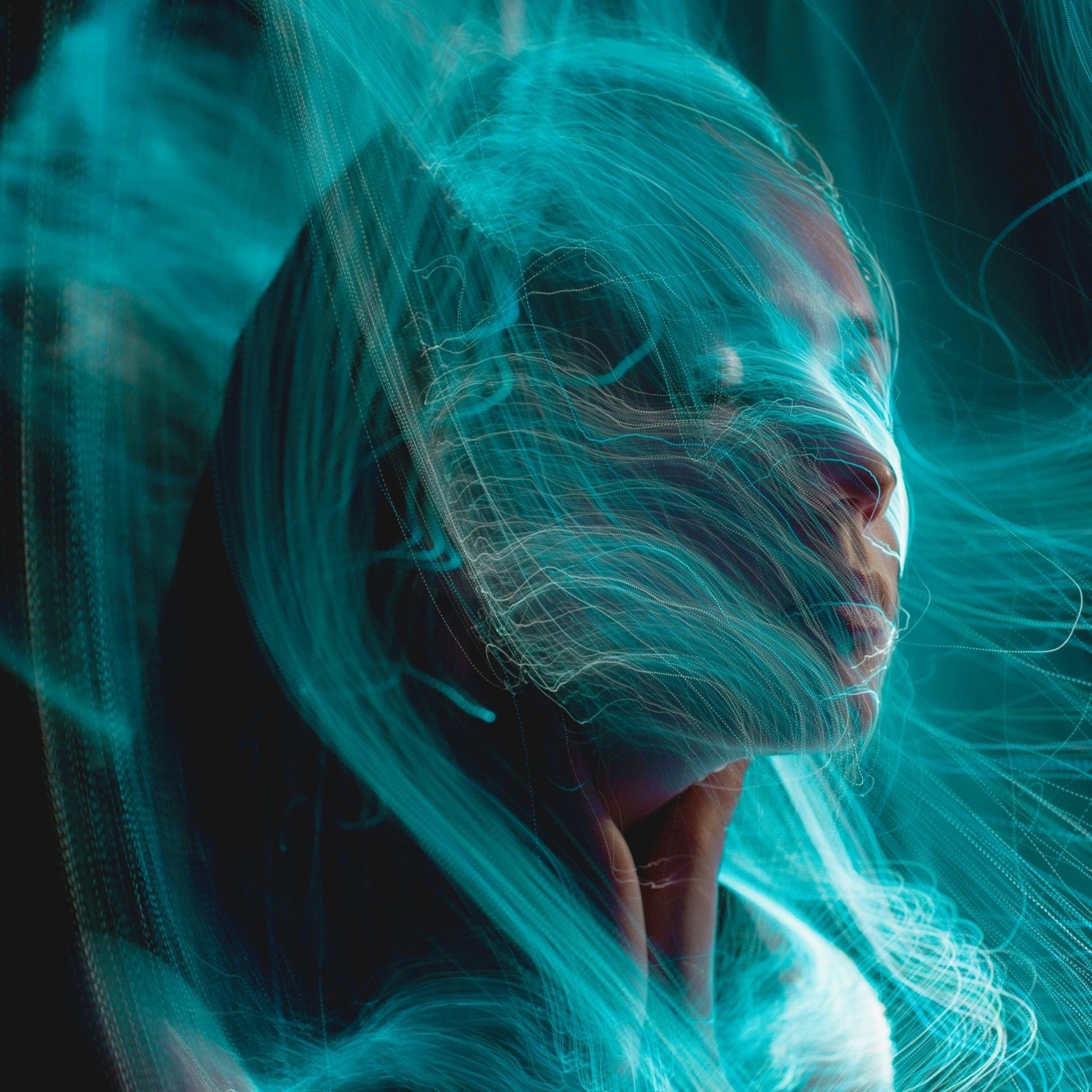 Close-up of a person with glowing blue lights against a dark background